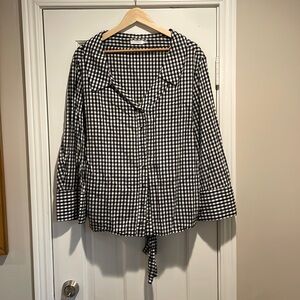 Skylar+Madison, black and white gingham check, belted blouse.